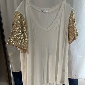Women's Cream and Gold Sequin Sleeve Top